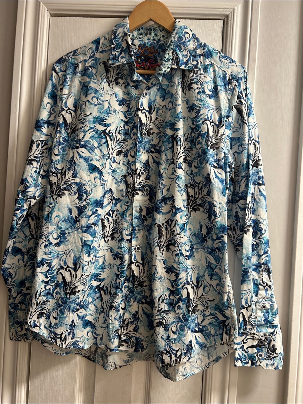 Robert Graham Blue White and Black Swirl Print Long Sleeve Shirt